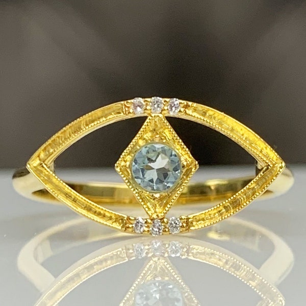 Handmade Engraved Evil Eye Ring w/ Aquamarine and Tiny Genuine Diamonds, 14K 8K Solid Gold or Silver, March Birthstone, Best Birthday Gift