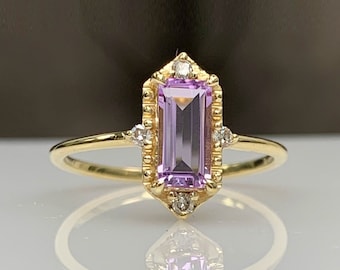 Certified Lavender Amethyst & Diamond Dainty Engagement Ring, Daily Use Women Jewelry in Solid Gold / Silver, February Birthstone, Best Gift