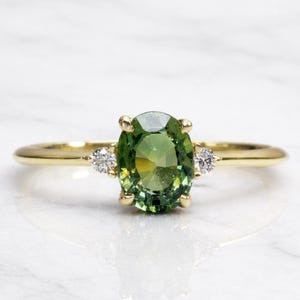 Green Sapphire Engagement Ring with Diamonds in Solid Gold or Silver, Dainty Proposal Ring, September Birthstone, Anniversary Gift for Her image 1