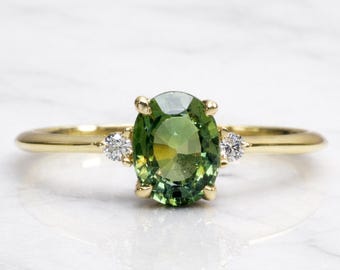 Green Sapphire Engagement Ring with Diamonds in Solid Gold or Silver, Dainty Proposal Ring, September Birthstone, Anniversary Gift for Her