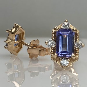 Dainty Tanzanite & Diamond / Cz Stud Earrings, Elegance Stud Earrings, 8K 14K Solid Gold, Anniversary Gift Idea, Genuine December Birthstone