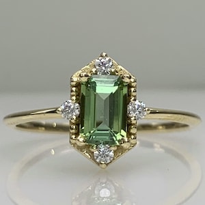 Certificated Mint Tourmaline Ring w/ Brialliant Diamond CZ, Stylish Dainty Proposal Ring, 8K 14K Gold, October Birthstone Graduation Gift