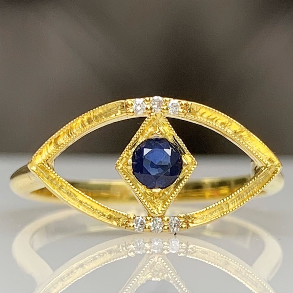 Minimalist Blue Sapphire Evil Eye Ring w/ Tiny Diamond, Stylish Look Gold Silver Charm Ring, Genuine Touch Skin Gemstone Best Christmas Gift