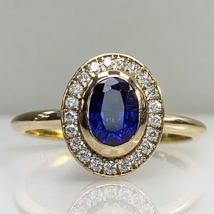 Vintage Blue Sapphire Ring w/ Halo Diamond in 14K or 8K Solid Gold, Bezel Setting Classic Jewelry, Best Proposal Engagement Ring, September