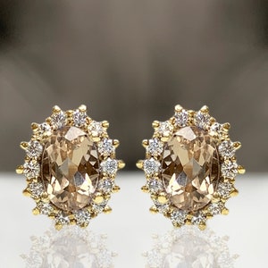 Halo Oval Morganite Stud Earrings, Dainty Bridal Jewelry, Classic Vintage Design in 14K 8K Solid Gold, November Birthstone, Diamond / CZ 113