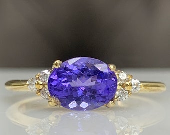 Classic Tanzanite Engagement Ring w/ Diamonds, 14K Solid Gold, Dainty Cluster, Genuine Gemstone, December Birthstone, Best Stylish Gift, 8x6