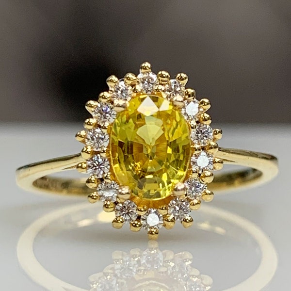 Classic Yellow Sapphire Engagement Ring, Halo Diamond / CZ Vintage Ring, Flower Cluster Jewelry, Genuine Gemstone, Best Solid Gold Gift, 7x5