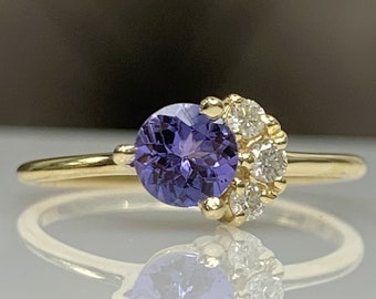 Certificated Tanzanite Flower Cluster Ring w/ 3 Diamond in 14K Solid Gold, Dainty Engagement Ring, Genuine December Birthstone, Best Gift