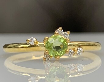 Stylish Peridot Cocktail Ring with Diamond,Dainty Cluster Ring, Genuine Gemstone, Multistone 14K Solid Gold, August Birthstone, Best Gift