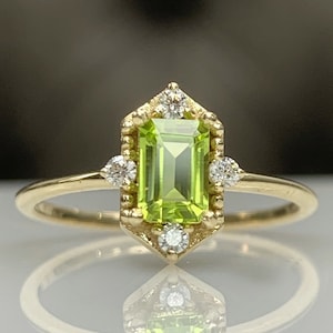 Stylish Certificated Peridot Ring w/ Diamond or CZ, Dainty Engagement Ring, 8K 14K Solid Gold, Genuine Baguette Cut August Birthstone, Gift