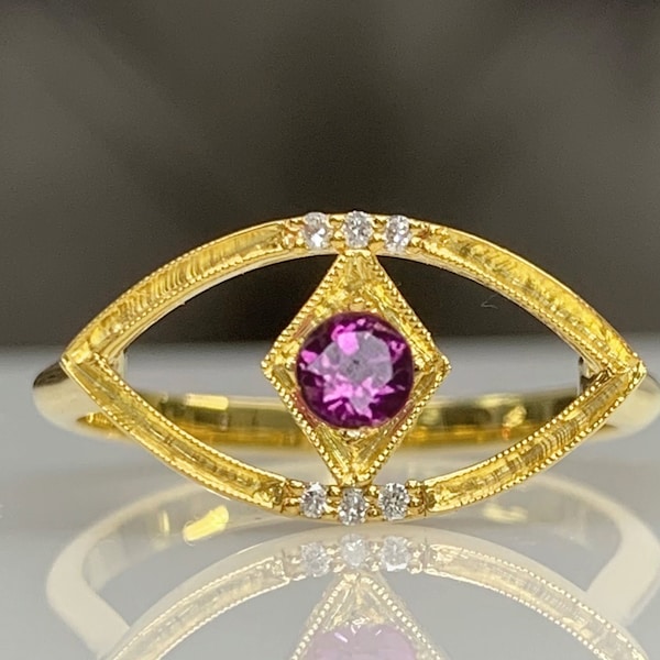 Pink Tourmaline Dainty Charm Ring, Handmade Engraved Eye Protection Jewelry, October Birthstone, Tiny 14K Solid Gold, Birthday Gift for Her