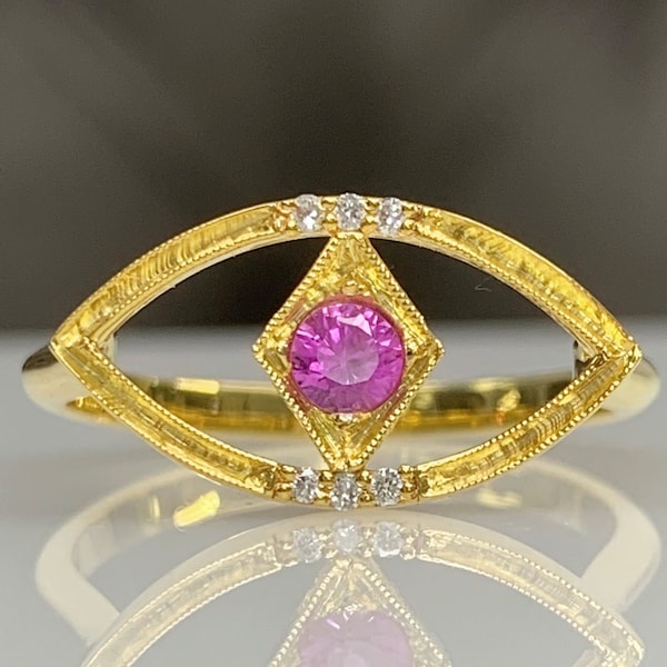 Dainty Pink Sapphire Charm Ring, Minimalist Eye Protection Jewelry w/ Genuine Diamonds in 8K 14K Gold or 925 Silver, Best 18th Birthday Gift