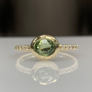 Certificated Green Sapphire Pave Band Dainty Engagement Ring w/ Diamond CZ, Bezel Setting, Solid Gold, September Birthstone Genuine Gemstone