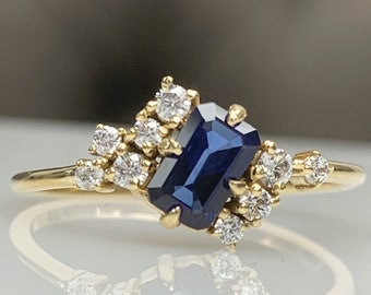 Baguette Blue Sapphire Engagement Ring w/ Tiny Diamonds, Certificated Genuine Gemstone, 14K Solid Gold, Stylish Cluster, Best Gift For Her