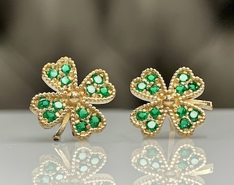 Natural Tsavorite Garnet Clover Earrings, Solid Gold Floral Cocktail Green Stud Earring, Protection Women Jewel, Best Graduation Gift Idea