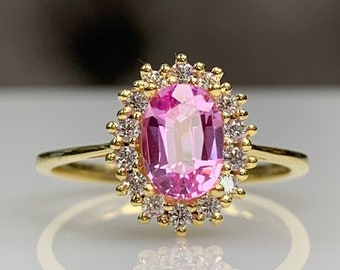 Vintage Genuine Pink Sapphire Ring w/ Halo Diamond, Dainty Classic Engagement / Proposal Ring, 14K 8K Solid Gold, Valentines Day Gift, 7x5
