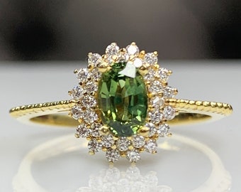 Double Halo Diamond & SriLanka Green Sapphire Classic Engagement Ball Band Ring, Dainty Vintage Solid Gold Cluster, September Birthstone 120