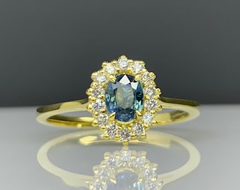 Montana Blue Sapphire Halo Ring with Diamonds or CZ - Oval Genuine Gemstone Flower Cluster Ring, September Birthstone Gift  Idea for Her 113