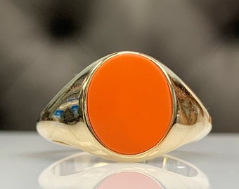 Solid Gold Unisex Pinky Coral Ring, Delicate Oval Shape Signet Ring, Flat Cut Gemstone, Stylish Silver Jewelry Gift Idea for Him, Men Jewel