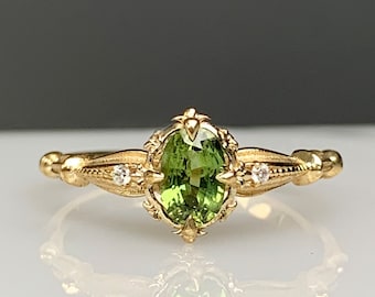 Baroque Style Certified Sri Lanka Green Sapphire & Genuine Diamond Ring, 14K 8K Solid Gold, Stylish Art Deco Jewelry, Birthday Gift Idea 6x4