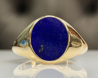 Unisex Lapis Lazuli Pinky Signet Ring, Stylish Oval Flat Cut Blue Genuine Gemstone, Elegance Men Jewelry, Best Solid Gold Gift for Her Him