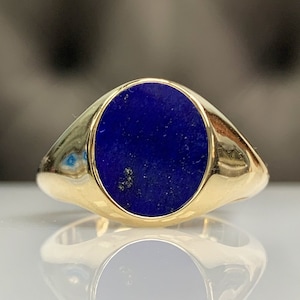 Unisex Lapis Lazuli Pinky Signet Ring, Stylish Oval Flat Cut Blue Genuine Gemstone, Elegance Men Jewelry, Best Solid Gold Gift for Her Him