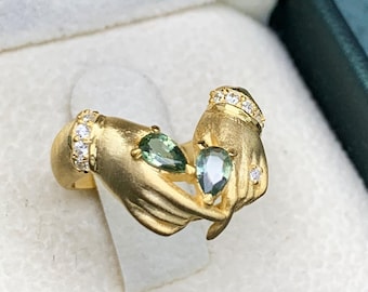 Holding Hands Patterned Dainty Ring w/ Genuine Pear Cut Green Sapphire & Diamonds, Solid Gold Stylish Romantic Engagement Ring, Gift for Her