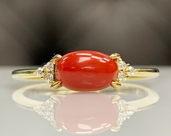 Natural Certificated Coral w/ Genuine Tiny Diamonds Ring in 14K Solid Gold, Best Gift for Her 35th Anniversary Gift, Classic Cluster Jewelry