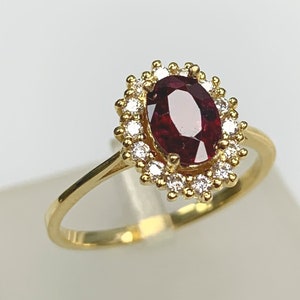 Natural Ruby Wedding Engagement Ring in 8K or 14K Solid Gold w/ Halo Diamond or Cubic Zirconia, Best Anniversary Gift, July Birthstone, 7x5