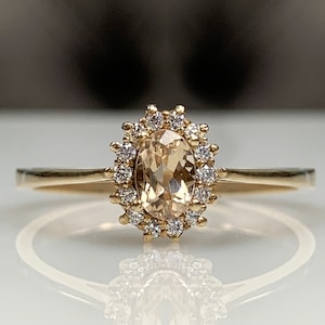 Morganite Vintage Engagement Ring & Diamond, Classic Dainty Flower Cluster Ring, 14K 8K Solid Gold, Certified Genuine Gemstone Best Gift 113
