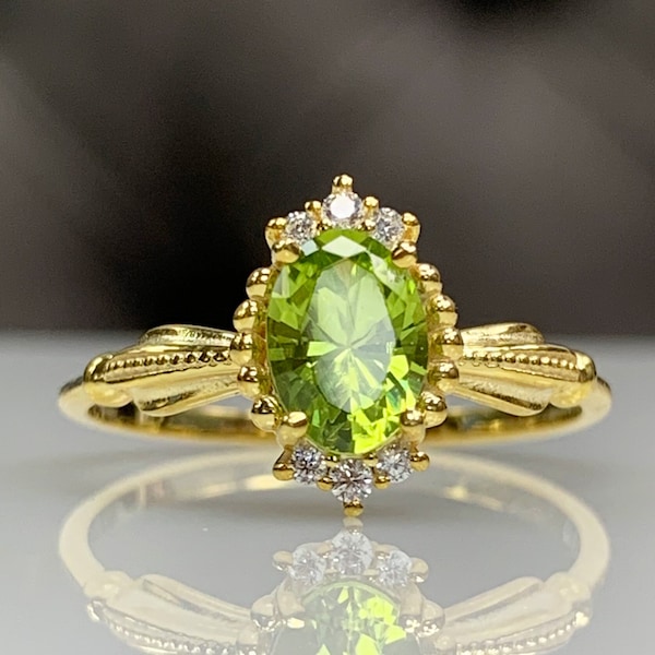 Crown Style Certified Peridot Ring, Dainty Engagement Ring, 14K 8K Solid Gold, Antique Ribbon Style, August Birthstone, Art Deco Gift Idea