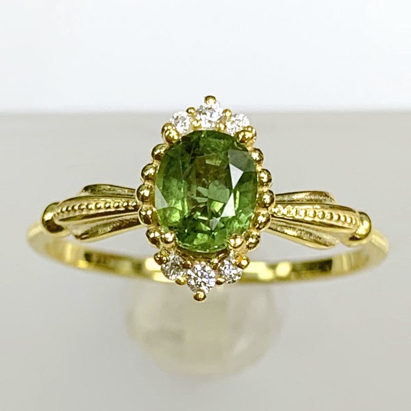 Delicate Crown Style Madagascar Green Sapphire Ring, Certified September Gemstone, 14K 8K Solid Gold Love Proposal Ring, Antique Jewelry 112