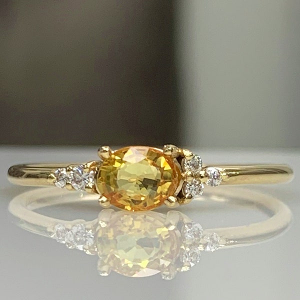 Yellow Sapphire Oval Engagement Ring w/ Tiny Diamonds, 14K Solid Gold, Dainty Stylish Cluster, September Birthstone Gift Genuine Gemstone 61