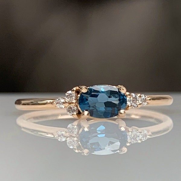 Topacio azul londinense con anillo de racimo apilable de diamantes diminutos, anillo de compromiso elegante y delicado, oro sólido de 8 k 14 k, piedra preciosa genuina, mejor regalo 61