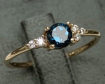 Certificated London Blue Topaz Tiny Diamonds Cluster, Engagement Ring, Solid Gold Dainty Stackable Ring, Round Genuine Gemstone Best Gift 61