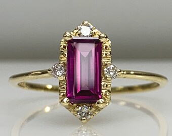Rhodolite Garnet Tiny Diamonds Stylish Stacking Ring, Dainty Cluster, Baguette Cut Genuine Gemstone 14K Solid Gold Best Gift June Birthstone