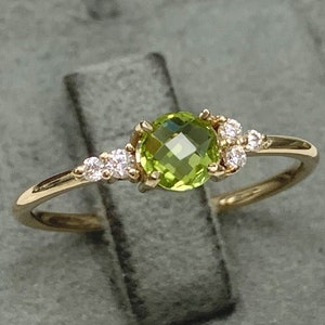 14K Solid Gold Peridot Ring w/ Tiny Diamonds, Dainty Daily Cluster Ring, 8K Stylish Engagement Ring, August Birthstone, Genuine Gemstone 61