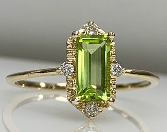Stylish Peridot Ring & Tiny Diamonds Dainty Stacking Cluster Ring, Baguette Cut Genuine Gemstone August Birthstone 14K Solid Gold, Best Gift