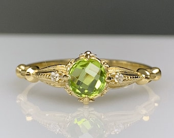 Briolette Peridot & Tiny Genuine Diamond Stylish Art Deco Ring, Baroque Jewelry, 14K 8K Solid Gold, August Birthstone Handmade Filigree Band