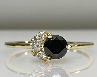 Certificated Black Diamond w/ White Diamond Dainty Flower Cluster Ring, Engagement Ring, 14K Solid Gold, Genuine Gemstone, Best Gift Idea