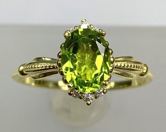 Ribbon Band Dainty Peridot Ring, Crown Diamond Engagement Ring, Certified August Birthstone, Art Deco Jewelry, 14K 8K Solid Gold, Best Gift
