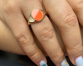 Women Pinky Signet Ring w/ Coral, Thick Band Modern Jewelry, Flat Cut Gemstone, 14K 8K Solid Gold, 925 Silver, 35th Anniversary Gift Idea,
