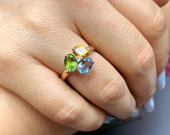 Three Gemstone Ring in 14K 8K Solid Gold, Delicate Daily