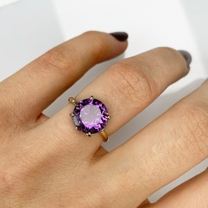 Flower Design Certificated 4.50 ct Amethyst Ring, 8K 14K Gold 925 Silver, Genuine Purple February Round Birthstone, Birthday Gift for Her