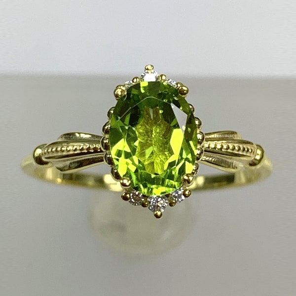 Ribbon Band Dainty Peridot Ring, Crown Diamond Engagement Ring, Certified August Birthstone, Art Deco Jewelry, 14K 8K Solid Gold, Best Gift