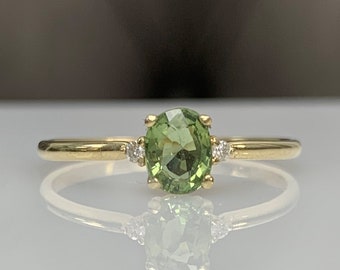 LIMITED Certificated Sri Lanka Green Sapphire w/ Diamond Dainty Engagement Ring in 14K Solid Gold, Genuine Gemstone, September Birthstone