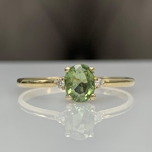 LIMITED Certificated Sri Lanka Green Sapphire w/ Diamond Dainty Engagement Ring in 14K Solid Gold, Genuine Gemstone, September Birthstone