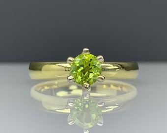 Plain Thick Solid Gold Band Solitaire Ring w/ Certificated Peridot, Silver Engagement Ring, August Birthstone, Dainty Jewelry Gift for Her