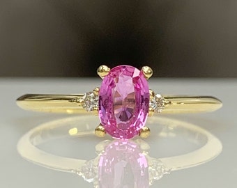 Certificated Pink Sapphire & Diamond Dainty Engagement Ring, Stylish Daily, 14K Solid Gold, Genuine Gemstone September Birthstone, Best Gift