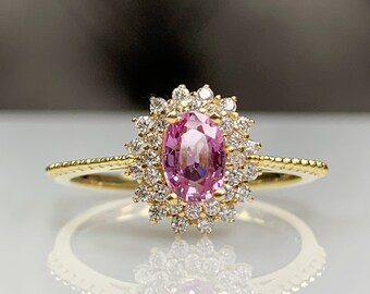 Certified Pink Sapphire & Double Halo Genuine Diamond / CZ Classic Engagement Ring, Filigree Solid Gold Beaded Band, Mother's Day Gift 120